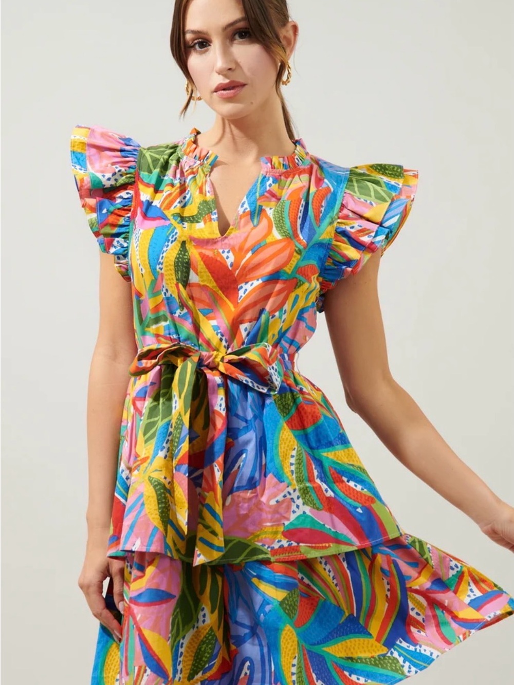 NWT Sugarlips Colorful Leaf Print Tiered Mini Dress Medium